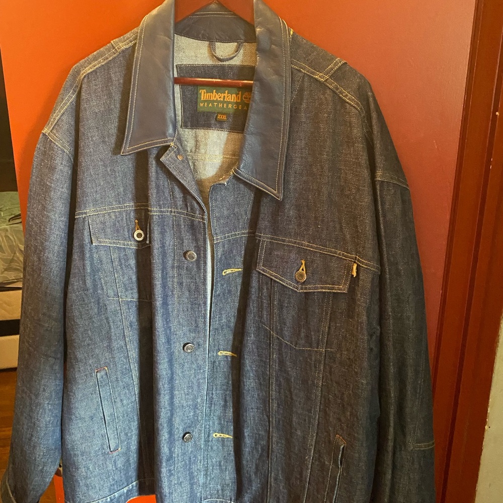 EUC 3xl MENS TIMBERLAND DENIM JACKET WITH LEATHER COLLAR. RARE